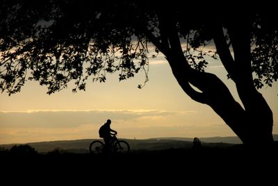 Silhouette man riding bicycle on field against orange sky