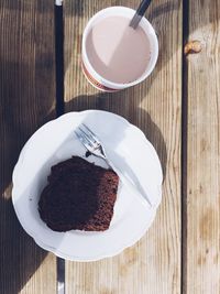 High angle view of cake in plate on table