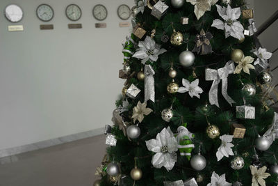 Low angle view of illuminated christmas tree