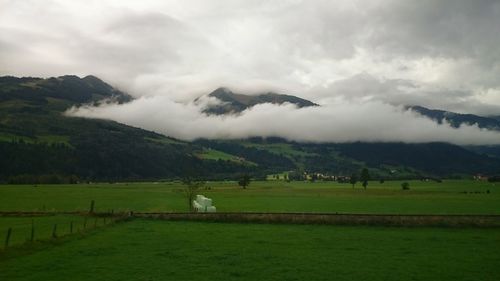 Scenic view of grassy field against cloudy sky