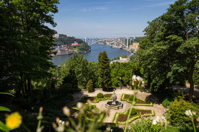 High angle view of garden in city against sky