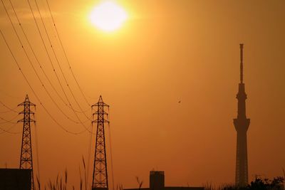 Silhouette of electricity pylon during sunset