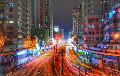 High angle view of light trails on city street