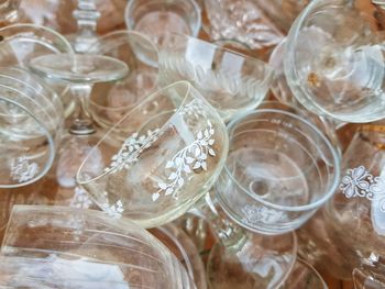 High angle view of glasses on table