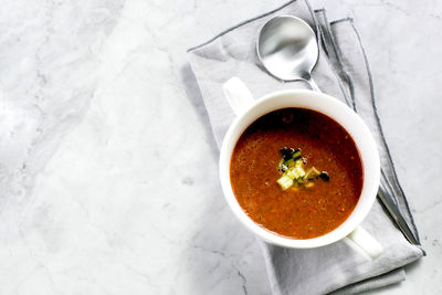 High angle view of soup in bowl on table