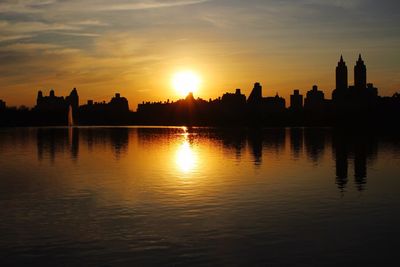 Reflection of silhouette buildings on lake at central park