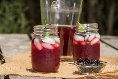 Close-up of drink in glass jar on table