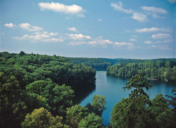 High angle view of trees by calm river against sky