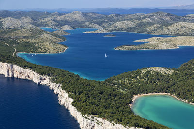 High angle view of bay against clear sky