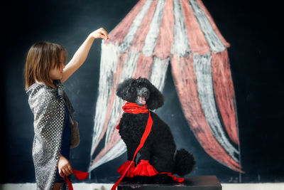 Cute child girl and black poodle dog playing circus. tent drawn in chalk, dog training