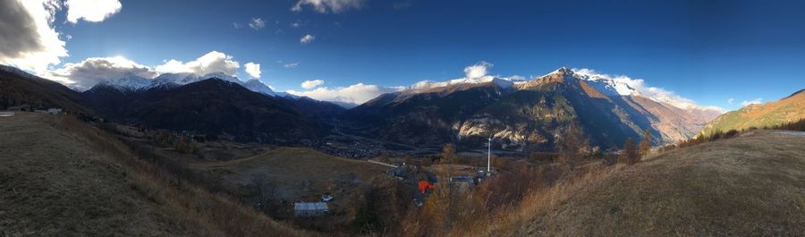 Panoramic view of snowcapped mountains against sky