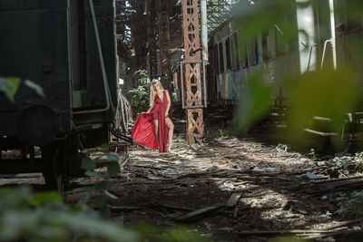 Women standing amidst plants in forest