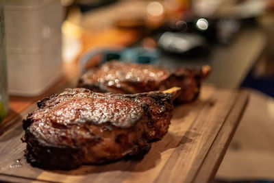 Close-up of meat on barbecue grill