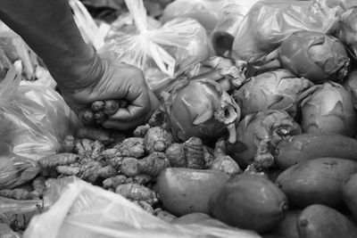 Close-up of hand holding vegetables at market stall