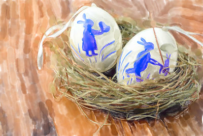 High angle view of easter eggs in plastic