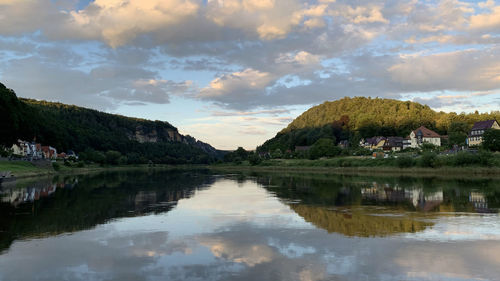 Scenic view of lake and mountains against sky