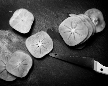 High angle view of fruits on cutting board