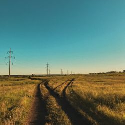 Scenic view of field against clear blue sky