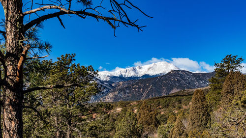 Scenic view of snowcapped mountains against blue sky