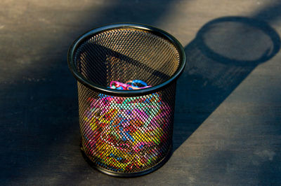 High angle view of jar on table