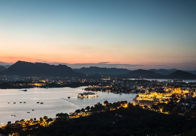 High angle view of city at sunset