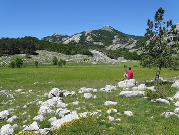 Rear view of man sitting on rock at field by mountain