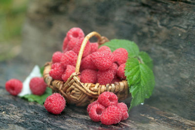 Close-up of raspberries on table