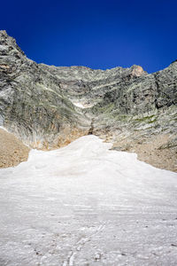 Scenic view of snowcapped mountains against clear blue sky
