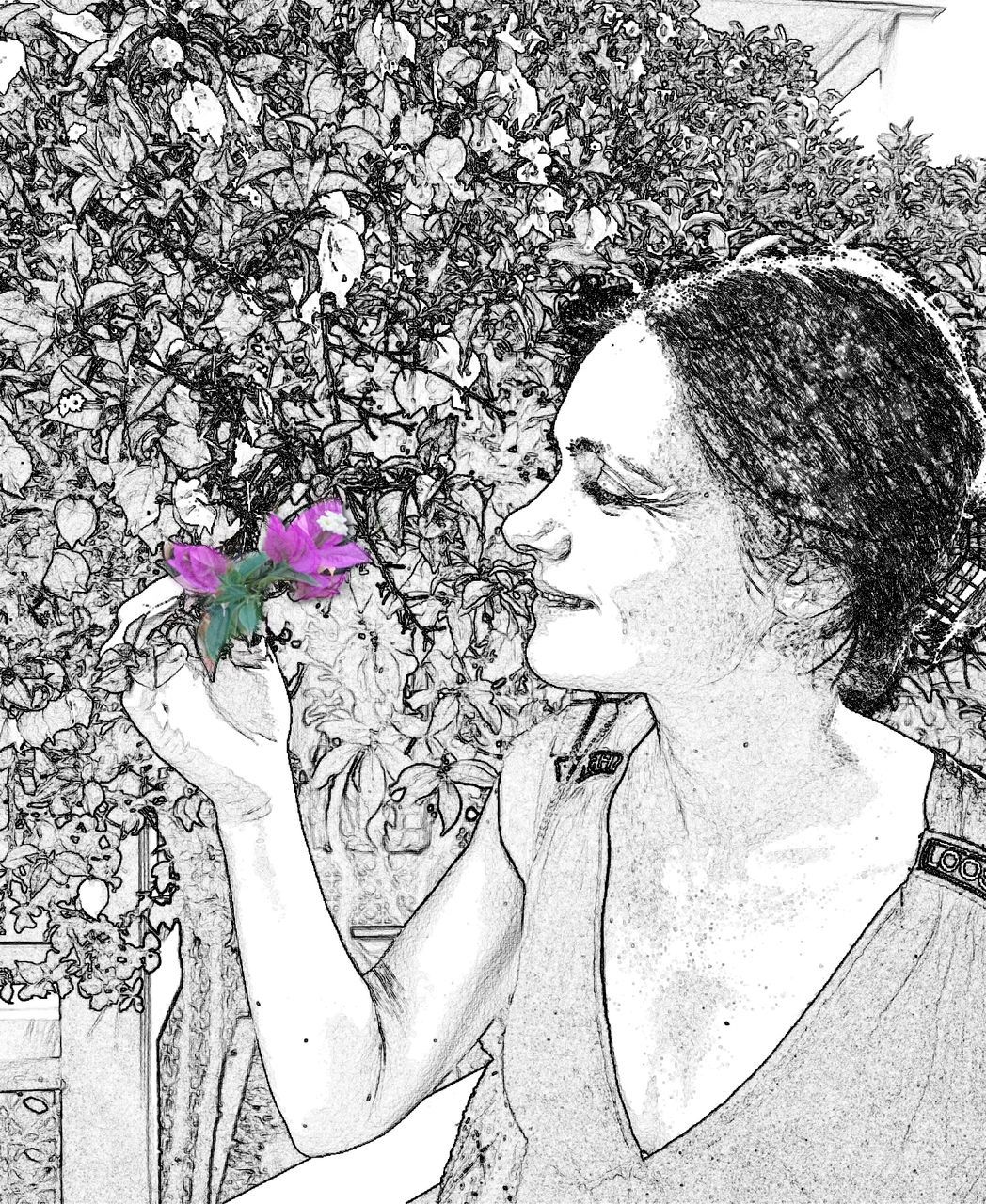 one person, plant, flowering plant, flower, young adult, women, black and white, portrait, adult, nature, cartoon, headshot, lifestyles, drawing, casual clothing, leisure activity, outdoors, monochrome photography, sketch, day, emotion, hairstyle, beauty in nature, female, looking, person, freshness, close-up