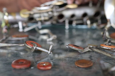 Close-up of chain on metal table