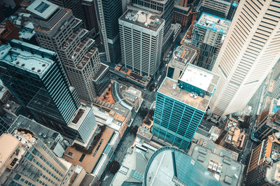 High angle view of modern buildings in city