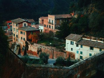 High angle view of houses against sky