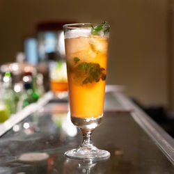 Close-up of beer in glass on table