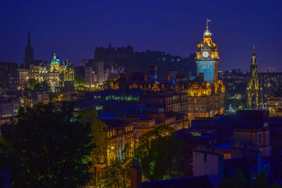 High angle view of illuminated city at night