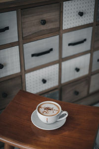 High angle view of coffee on table