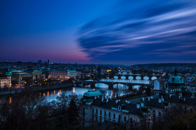 Charles bridge over vltava river against sky in city at dusk