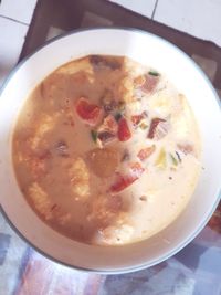 High angle view of soup in bowl