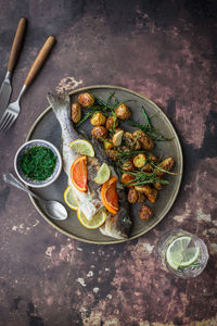 High angle view of food in plate on table