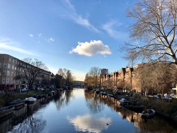 Scenic view of canal by buildings against sky
