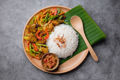 High angle view of food in plate on table