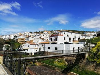 High angle shot of townscape against sky