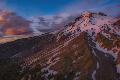 Scenic view of mountains against sky during sunset