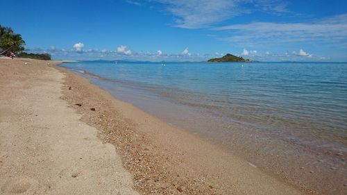 Scenic view of beach against blue sky