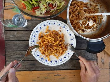 High angle view of breakfast on table