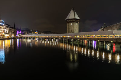 Reflection of illuminated buildings in water at night