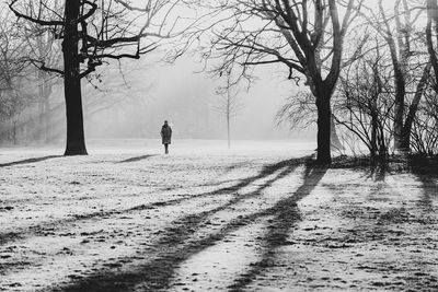 Rear view of silhouette person walking on snow covered land