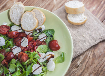 High angle view of breakfast served on table