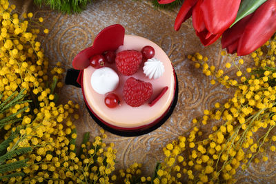 High angle view of strawberries on table