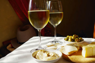 White wine with food on table