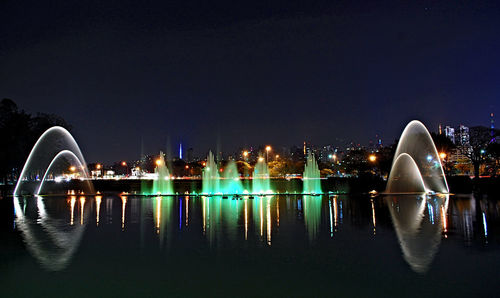 Reflection of illuminated buildings in water at night